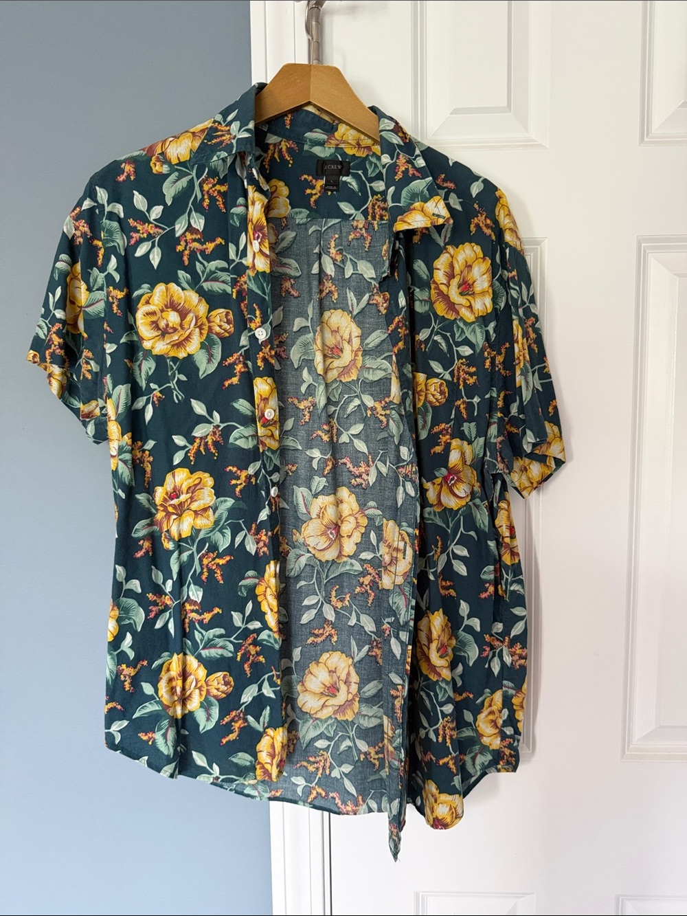 Green Floral Short Sleeve Button-Up with Yellow Roses